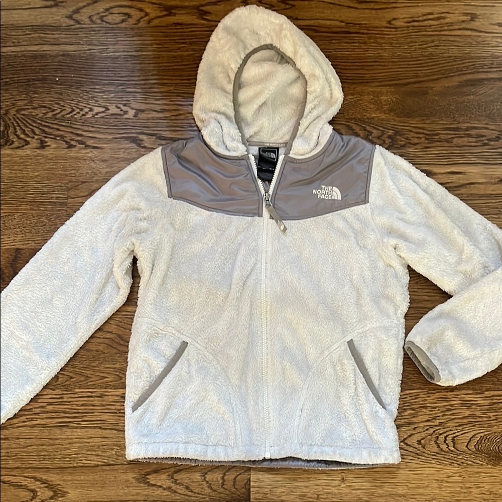 The North Face Kids girls Gray cream white Fleece Jacket size L 14 16 hoodie Oso